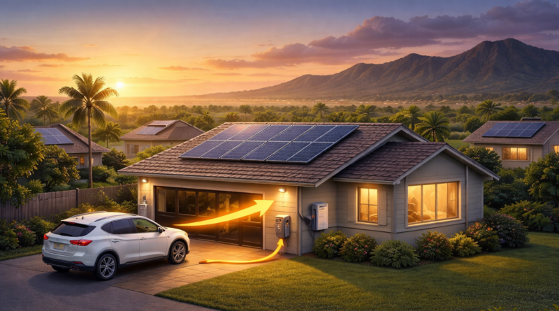 Chatgpt generated: Electric vehicle supplying power to a home in the evening using vehicle-to-home technology.