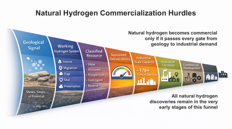 ChatGPT generated funnel of natural hydrogen from geology to commercial operation