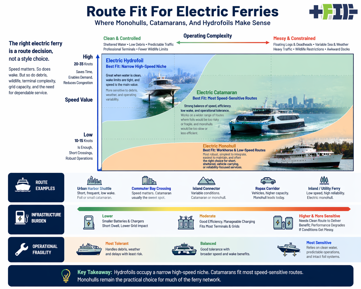Chatgpt generated infographic showing where electric monohulls, catamarans, and hydrofoils fit best