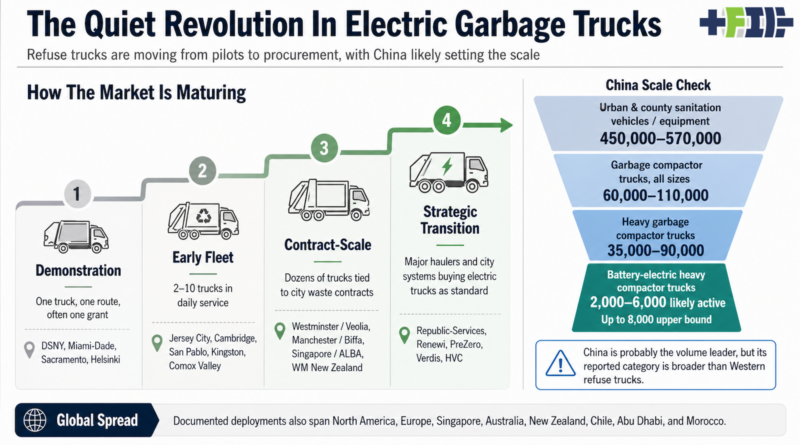 ChatGPT generated infographic showing how electric garbage trucks are moving from pilots to scaled deployment