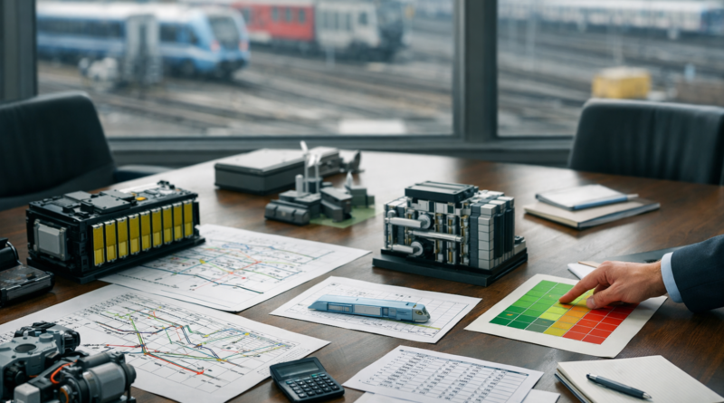 Chatgpt generated realistic landscape industrial strategy image of a boardroom table covered with rail diagrams, cost models, battery packs, fuel cell schematics