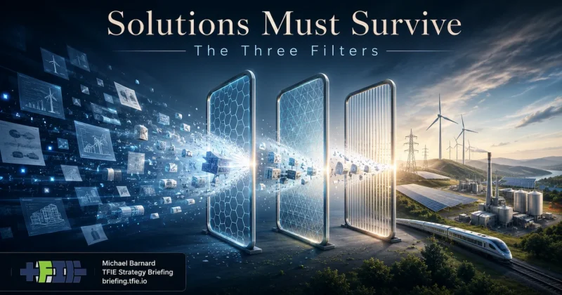 TFIE Strategy Briefing hero graphic showing technology claims passing through three glowing filters before emerging as practical clean infrastructure, including wind, solar, transmission, rail, and industrial assets.