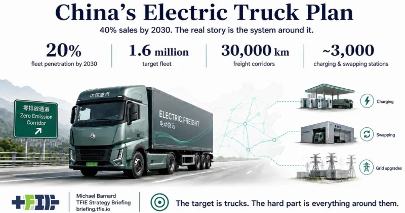 Electric heavy trucks on a Chinese freight corridor with depot charging, battery swapping, grid connections and logistics infrastructure shown as one integrated freight system.