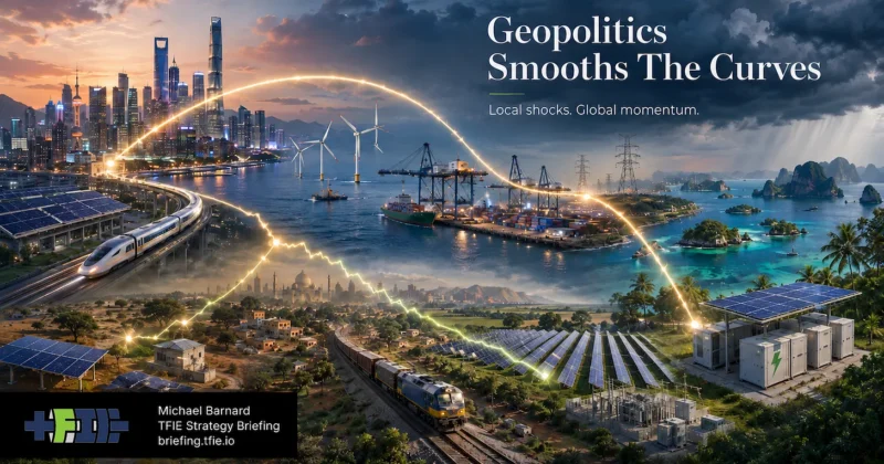 Hero graphic showing uneven national transition pathways with clean infrastructure, grids, ports, solar, wind, batteries and trade routes converging into a broader global curve.