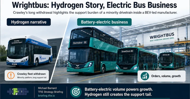 Hero image alt text: Infographic contrasting Wrightbus’ hydrogen bus narrative with the larger commercial weight of battery-electric bus orders.