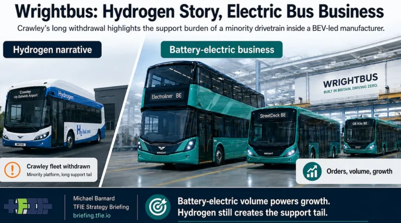 Hero image alt text: Infographic contrasting Wrightbus’ hydrogen bus narrative with the larger commercial weight of battery-electric bus orders.