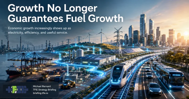 TFIE Strategy Briefing hero graphic for “Growth No Longer Guarantees Fuel Growth,” showing useful economic activity continuing while fossil fuel demand no longer rises in lockstep, emphasizing that electrification, efficiency, demographics, and infrastructure maturity are breaking the old growth-to-fuel link.