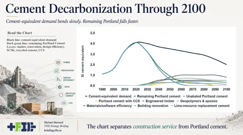 Cement pathway graphic showing lower Portland demand and multiple decarbonization wedges.