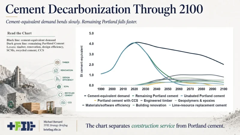 Cement pathway graphic showing lower Portland demand and multiple decarbonization wedges.
