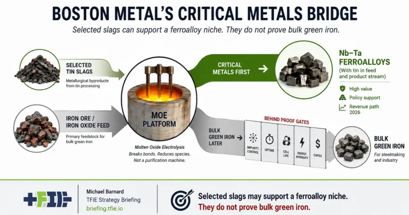 Diagram showing Boston Metal’s MOE pathway from selected slags to critical metals, with green iron shown as longer-term option value.