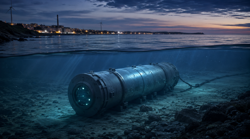Subsea data center module glowing faintly on the seabed near a coastal city at dawn.