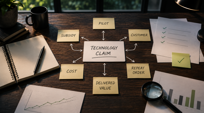 Evidence board testing climate-tech claims against costs, customers, pilots, and repeat orders.