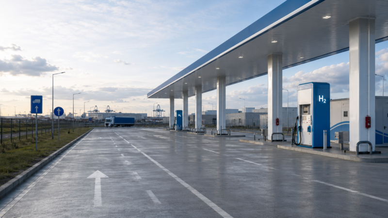 Modern hydrogen refuelling station on a Belgian freight corridor with very light truck traffic, showing capacity built ahead of visible demand.