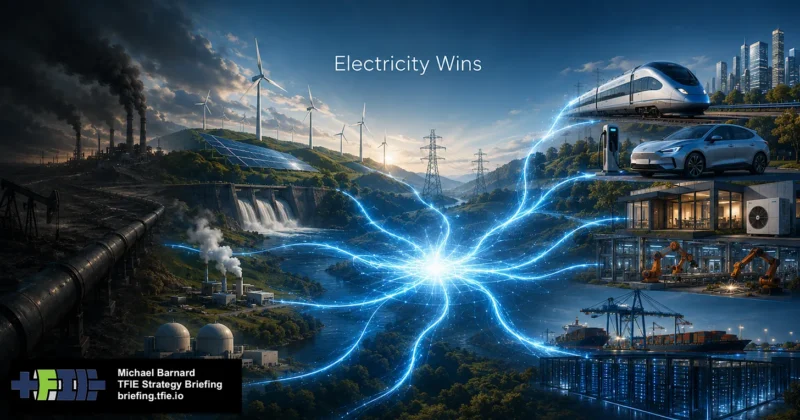 Diagram showing clean power sources feeding a grid that serves transport, buildings, industry and shipping.