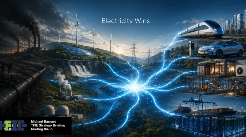 Diagram showing clean power sources feeding a grid that serves transport, buildings, industry and shipping.