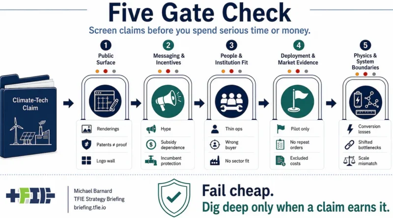 Climate-tech proposal passing through screening gates labeled scale, evidence, alternatives and adoption before reaching funding and policy support.