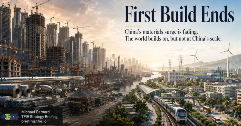 Editorial graphic showing China’s first-build phase as a large materials surge of housing, infrastructure, steel, cement, coal, freight and industrial capacity bending downward as the buildout matures, contrasting peak construction momentum with lower future materials demand.