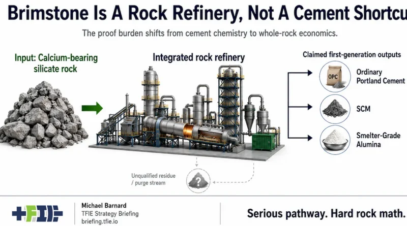 Brimstone’s promise is ordinary Portland cement without limestone process CO₂, but the business case is a rock-refinery system.