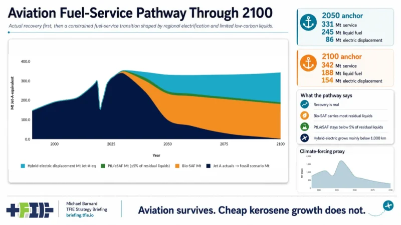 Chart showing aviation energy demand through 2100, with cheap kerosene growth flattening as shorter routes electrify and longer routes shift to constrained liquid fuels.