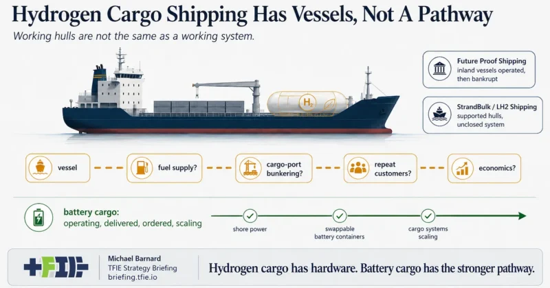 Infographic comparing unresolved hydrogen cargo system questions with battery cargo systems already operating and scaling.