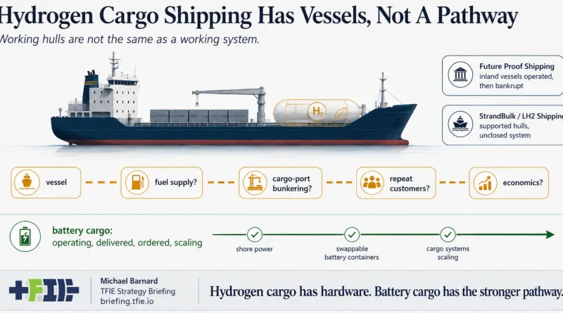 Infographic comparing unresolved hydrogen cargo system questions with battery cargo systems already operating and scaling.