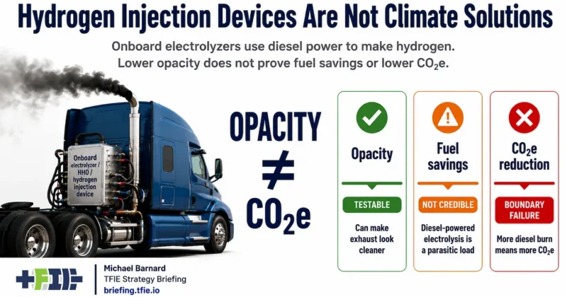 Diesel truck with onboard electrolyzer beside panels showing opacity as testable, fuel savings as not credible, and CO₂e reduction as unsupported.