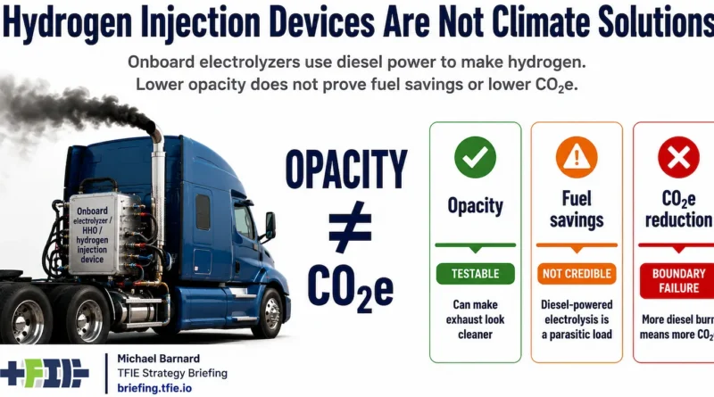 Diesel truck with onboard electrolyzer beside panels showing opacity as testable, fuel savings as not credible, and CO₂e reduction as unsupported.