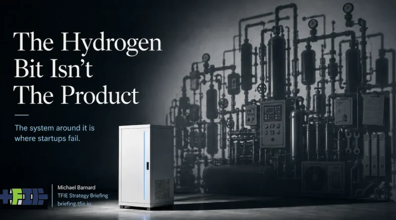 A small electrolyzer cabinet stands before a large hydrogen process plant, contrasting the component with the full industrial product.