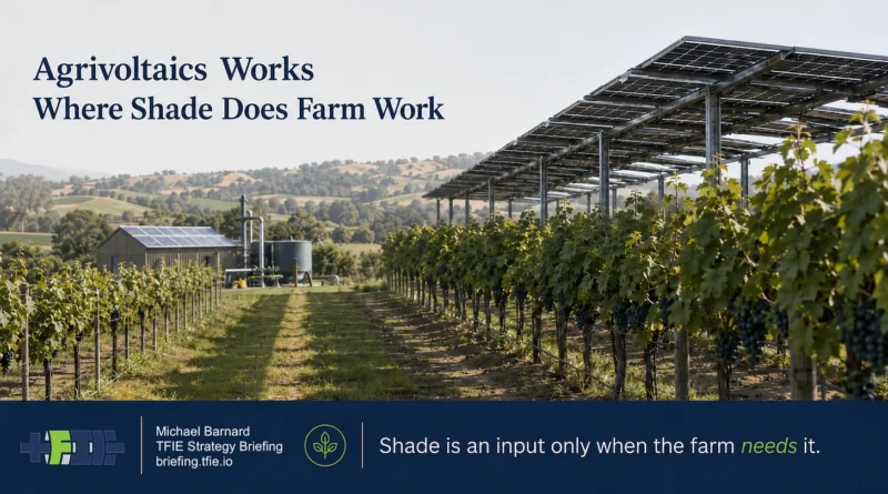 Vineyard with elevated solar panels shading grape rows, illustrating agrivoltaics as farm infrastructure where shade supports agricultural work.