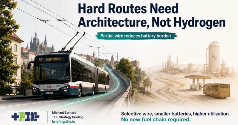 A Prague trolleybus travels under partial overhead wires beside a faded hydrogen station, with the words “Hard Routes Need Architecture, Not Hydrogen.”