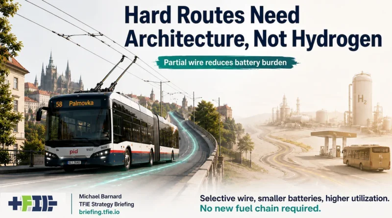 A Prague trolleybus travels under partial overhead wires beside a faded hydrogen station, with the words “Hard Routes Need Architecture, Not Hydrogen.”