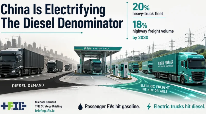 Diesel trucks give way to electric freight lanes and a battery-swapping station, with 2030 targets of 20% of China’s heavy-truck fleet and 18% of highway freight.