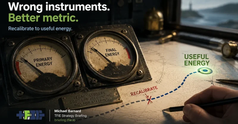 Graphic showing primary and final energy gauges beside a map route recalibrated toward useful energy.