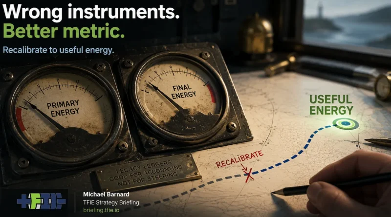 Graphic showing primary and final energy gauges beside a map route recalibrated toward useful energy.