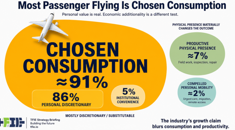 Large amber 91% chosen-consumption field combines 86% personal discretionary and 5% institutional convenience travel.