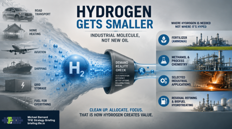 Hero graphic showing hydrogen narrowing through a demand reality check, with road transport, home heating, aviation, shipping, grid storage and fuel-for-everything fading out while fertilizer, methanol, selected industrial applications and residual refining remain.