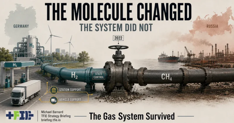 Graphic showing hydrogen infrastructure in Germany connected to former Russian gas-system imagery, with the phrase the molecule changed, the system did not.