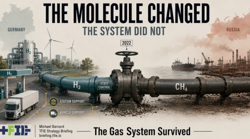 Graphic showing hydrogen infrastructure in Germany connected to former Russian gas-system imagery, with the phrase the molecule changed, the system did not.