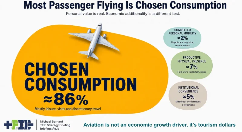 Graphic showing most passenger flying as chosen consumption, with smaller shares for compelled mobility, productive presence and institutional convenience.