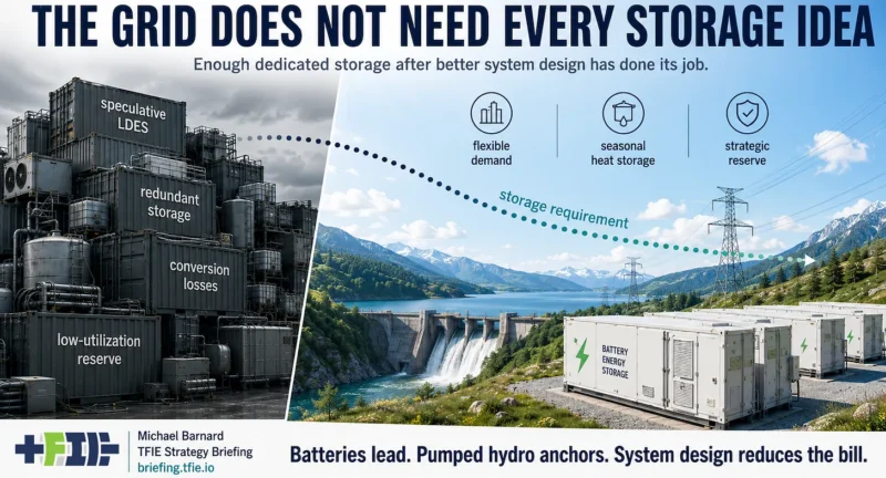 Speculative storage concepts recede as batteries and pumped hydro lead, with system flexibility reducing total storage needs.