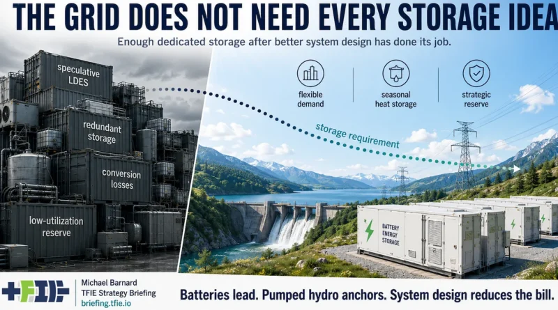 Speculative storage concepts recede as batteries and pumped hydro lead, with system flexibility reducing total storage needs.