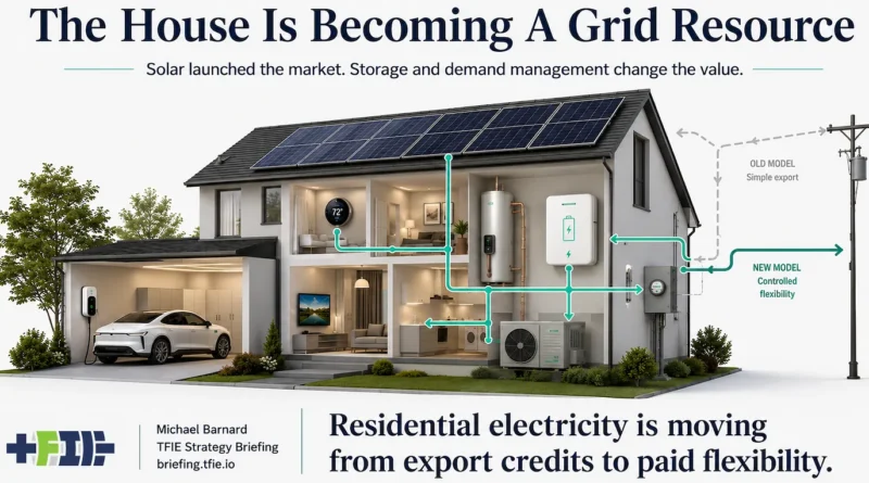 Hero graphic of a modern home with rooftop solar, battery storage, EV charging, heat pump and flexible loads, showing residential electricity shifting from simple exports to paid grid flexibility.