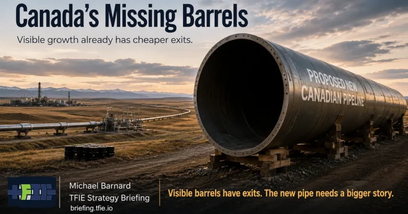 An oversized empty pipeline section overlooks Alberta oil infrastructure, representing a project searching for enough barrels.