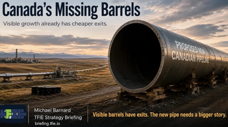 An oversized empty pipeline section overlooks Alberta oil infrastructure, representing a project searching for enough barrels.