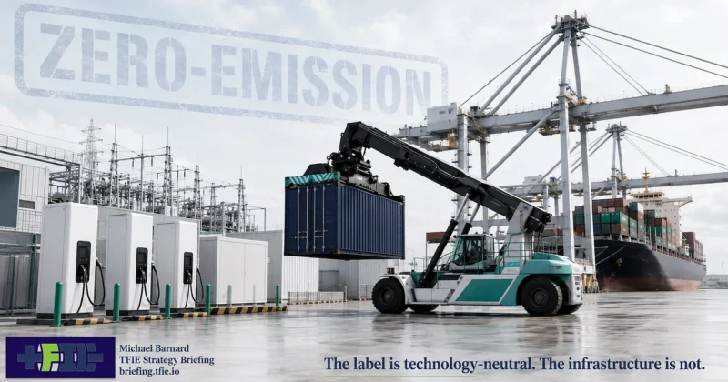 An electric container handler works beside charging stations and port electrical infrastructure beneath a faded “zero-emission” label.