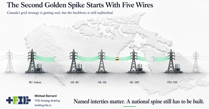 Canada map showing five proposed interties linked by transmission towers, with the national grid backbone still incomplete.