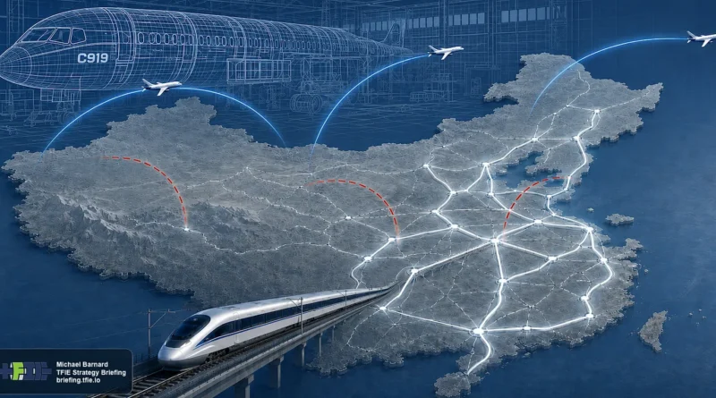 Map of China dominated by high-speed rail, with selected flight routes and a C919 blueprint representing aerospace sovereignty.