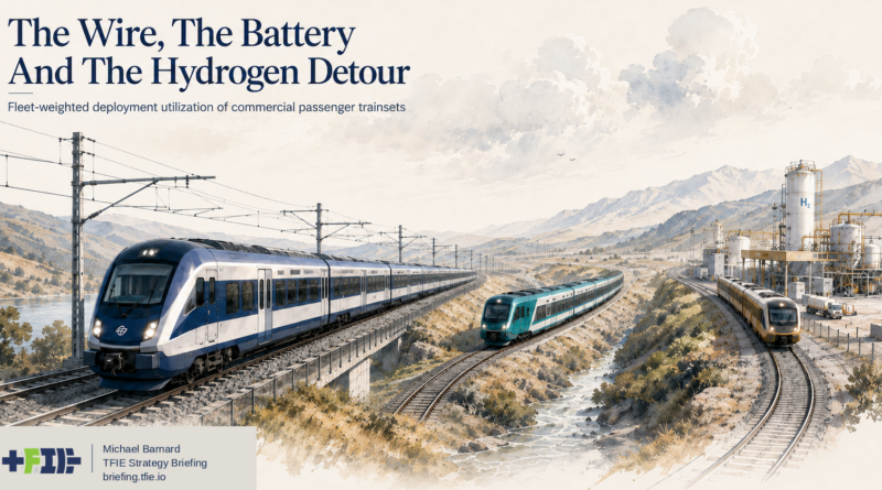 TFIE graphic showing an electric train under overhead wires, a battery-electric train on an unelectrified line, and a hydrogen train beside hydrogen production and refuelling infrastructure.