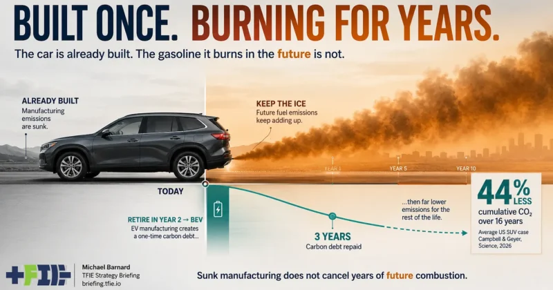 Gasoline SUV shown against years of exhaust emissions, contrasted with early replacement by a BEV whose manufacturing carbon debt is repaid in about three years, yielding 44% lower cumulative CO₂ over 16 years.