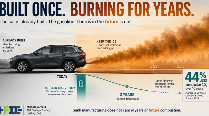 Gasoline SUV shown against years of exhaust emissions, contrasted with early replacement by a BEV whose manufacturing carbon debt is repaid in about three years, yielding 44% lower cumulative CO₂ over 16 years.